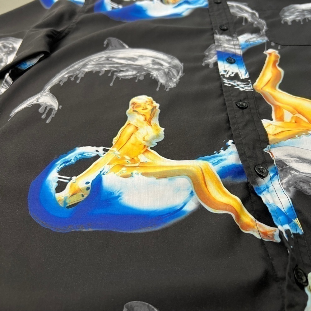 Pink Dolphin Topless Pin Up Girl Waves Button Up Shirt